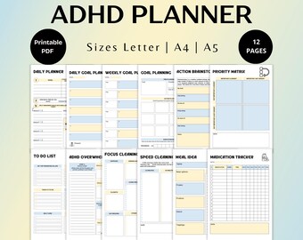 Pode incluir: Planejador TDAH com 12 páginas, disponível nos tamanhos Letter, A4 e A5. O PDF imprimível inclui seções para planejamento diário, definição de metas e acompanhamento de medicamentos. O design apresenta um layout limpo com detalhes em azul e amarelo.