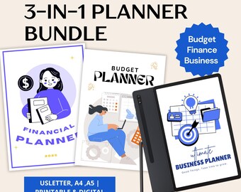 Może przedstawiać: Zestaw 3 w 1 z planerem finansowym, planerem budżetu i ostatecznym planerem biznesowym. Planer finansowy przedstawia kobietę z segregatorami i symbolem dolara. Planer budżetu pokazuje kobietę korzystającą z laptopa. Planer biznesowy jest na tablecie.