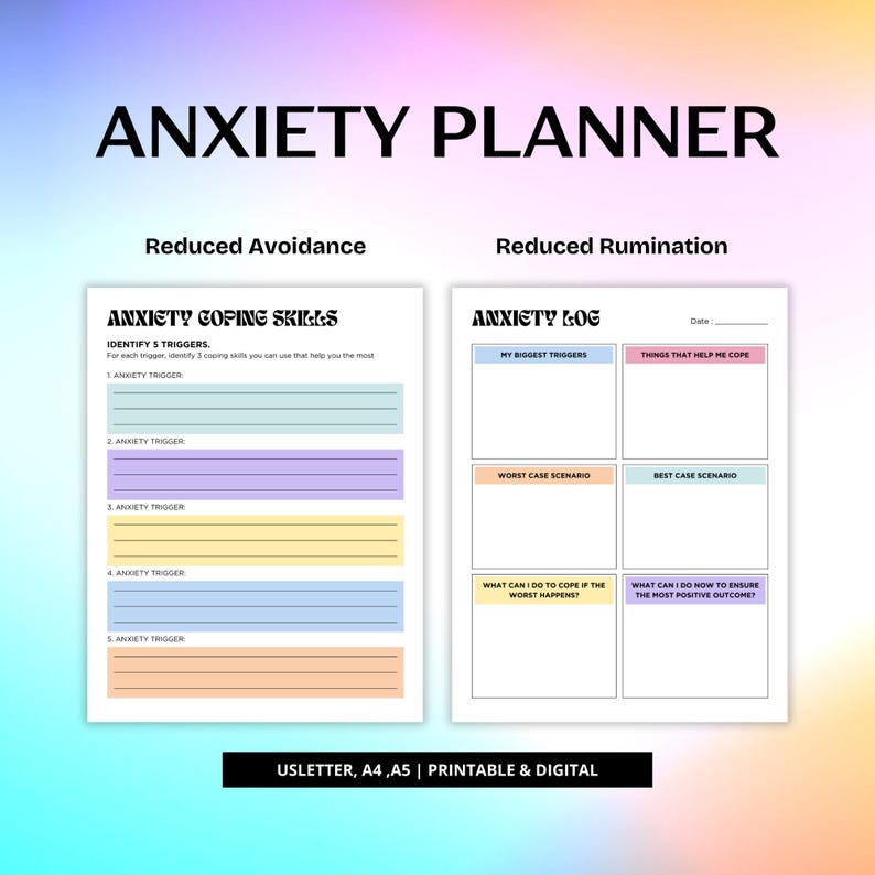 May include: Printable anxiety planner with two sections: Reduced Avoidance and Reduced Rumination. The Reduced Avoidance section has a list of five anxiety triggers and space to write coping skills for each. The Reduced Rumination section has sections for identifying triggers, worst case scenarios, best case scenarios, and coping strategies.