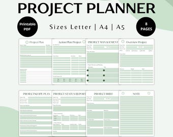 May include: A printable project planner with 8 pages in letter, A4, and A5 sizes. The planner includes sections for project plan, action plan, project management, overview project, project scope plan, project status report, project brief, and notes.