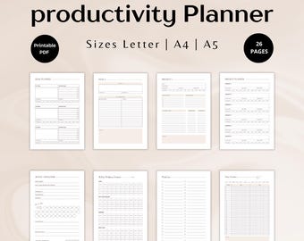 Könnte beinhalten: Ein Produktivitätsplaner mit 26 Seiten, druckbar als PDF. Der Planer enthält Abschnitte für Ziele, Projekte, tägliche Herausforderungen, Wellness-Tracker, eine Aufgabenliste und einen Tagesplan.