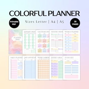 Colorful 2025 Printable Planner | Digital Daily planner | Weekly planner | MonthlyOrganizer | Budget planner | Meal planner | To-Do List