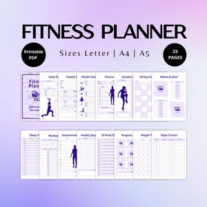 Planificador de actividad física imprimible y digital / Tamaño A4 A5 Carta EE. UU. / Registro de entrenamiento / Seguimiento de comidas / Diario de bienestar PDF / Planificador de salud / Seguimiento del sueño