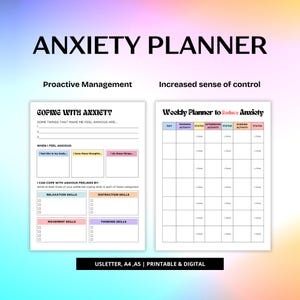 May include: A printable anxiety planner with a pink, blue, and yellow color scheme. The planner includes sections for coping with anxiety, identifying triggers, and creating a weekly schedule to reduce anxiety.