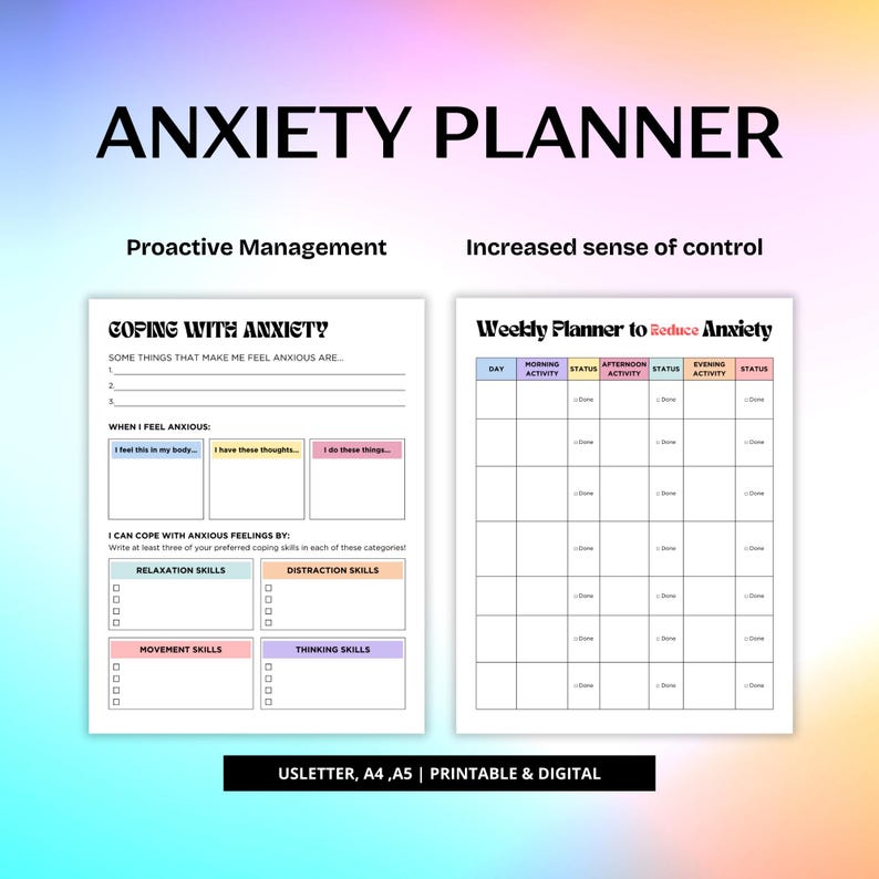May include: A printable anxiety planner with a pink, blue, and yellow color scheme. The planner includes sections for coping with anxiety, identifying triggers, and creating a weekly schedule to reduce anxiety.