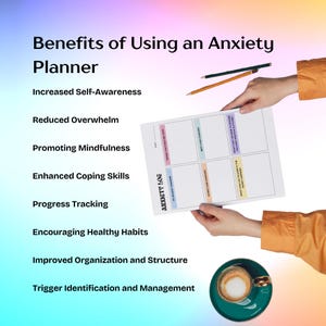 May include: A printable anxiety planner with a colorful grid layout. The planner is designed to help manage anxiety by tracking triggers, coping skills, and progress. The text "Anxiety Log" is printed on the planner.