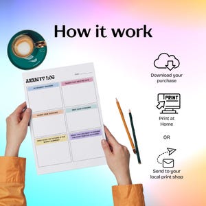 May include: A printable anxiety log worksheet with sections for identifying triggers, worst case scenarios, best case scenarios, and coping mechanisms. The worksheet is shown on a table with a cup of coffee and pencils.