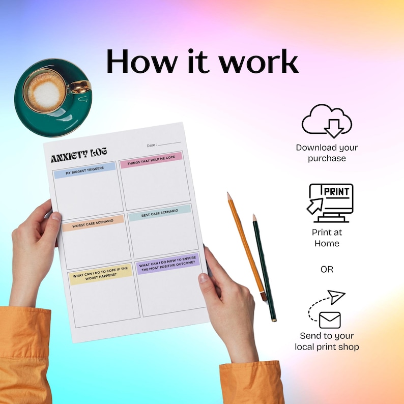 May include: A printable anxiety log worksheet with sections for identifying triggers, worst case scenarios, best case scenarios, and coping mechanisms. The worksheet is shown on a table with a cup of coffee and pencils.
