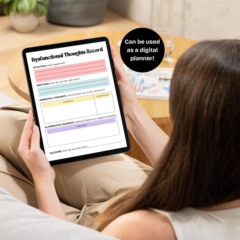 May include: A digital planner on a tablet screen with the title "Dysfunctional Thoughts Record". The planner is divided into sections for situation, emotions, unhelpful thoughts, alternative thoughts, and outcome. The text "Can be used as a digital planner!" is displayed above the planner.