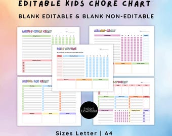 Peut inclure: Des tableaux de corvées imprimables pour enfants dans différents formats, y compris des tableaux hebdomadaires, quotidiens, scolaires, de récompenses et d'activités. Les tableaux sont colorés et présentent un schéma de couleurs arc-en-ciel. Le texte sur les tableaux indique "Editable Kids Chore Chart", "Blank Editable & Blank Non-Editable", "Weekly Chore Chart", "School Day Chart", "Daily Routine", "Reward Chart", "Activity Chart", "Instant Download", "Sizes Letter | A4".