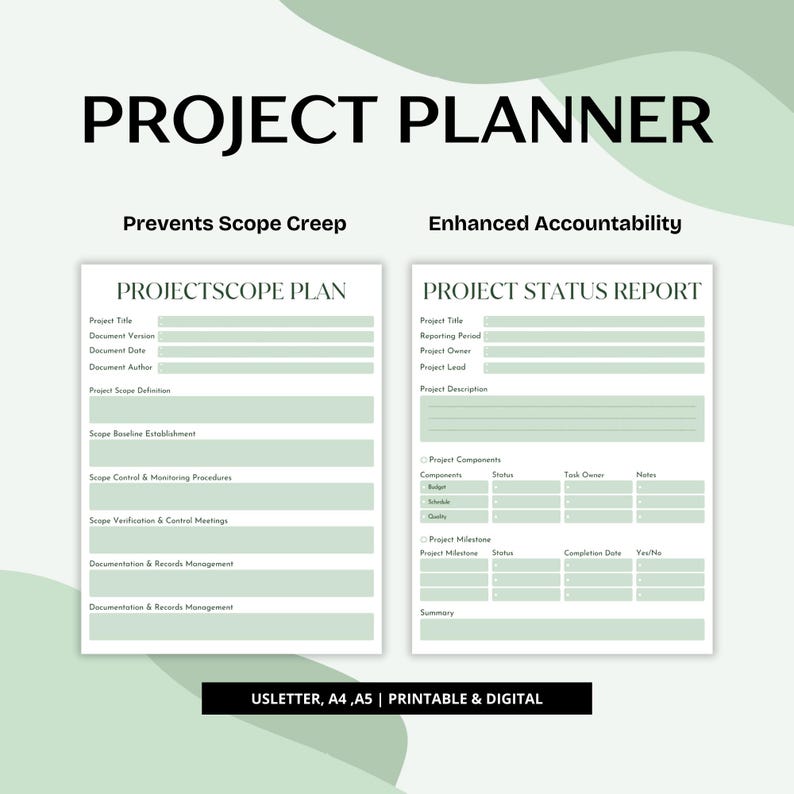 Project Scope Status Printable Project Planner: Action Plan, Status Report (PDF Download) - Etsy