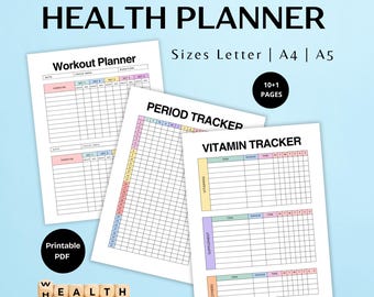 May include: A collection of printable health planners, including a workout planner, period tracker, and vitamin tracker. The planners are available in Letter, A4, and A5 sizes. The image also includes the text "HEALTH PLANNER" and "Printable PDF."
