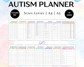 May include: A printable autism planner with 14 pages, featuring colorful charts and tables for organizing, structuring, counseling sessions, therapy follow-up, therapy notes, tracking the journey of everyday, building skills, strengthening cognition, nurturing sensory, ABC behavior, trigger tracking, symptom monitoring, and hospitalization and ER visits.
