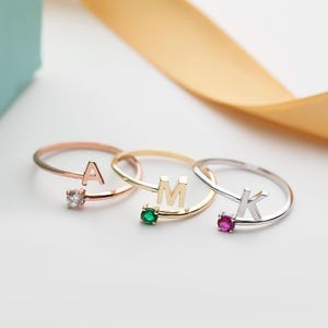 Custom Initial and Birthstone Ring - 10K 14K 18K Gold, Elegant and Meaningful Jewelry for Loved Ones