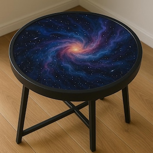 Puede incluir: Una mesa auxiliar negra con una tapa redonda con un diseño de galaxia. La tapa de la mesa tiene una nebulosa giratoria con un centro naranja brillante y un fondo azul oscuro.