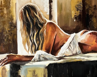May include: A painting of a woman lying on a bed, looking out a window. The woman has long blonde hair and is wearing a white sheet. The painting is done in a realistic style with warm colors.