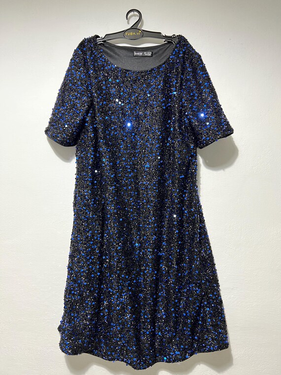 Vintage Blue Sequin Dress Size M,A line,short sleeves,evening wear,parties holiday dresses with sparkles,Good pre owned condition,for events