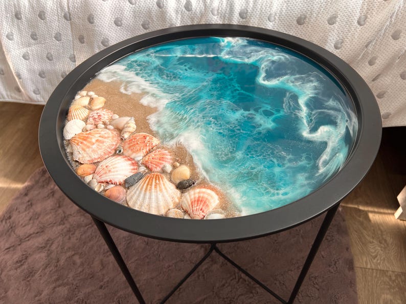 Handmade Ocean Beach Epoxy Resin Coastal Coffee Table With Real Shells ...