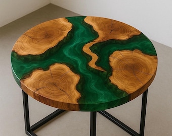 Tavolo rotondo River – Tavolino da caffè in resina epossidica verde e legno – Tavolino laterale con bordo naturale unico – Mobili in legno e resina fatti a mano