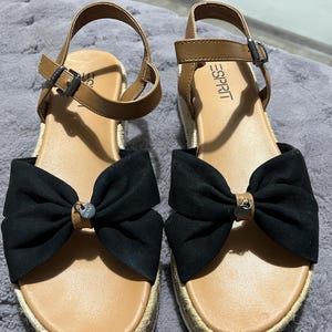 Sandales espadrilles Esprit vintage - Noir et beige avec nœud, pointure 40, chaussures d&#39;été décontractées style bohème, chaussures rétro chic, sandales à nœud en tissu doux