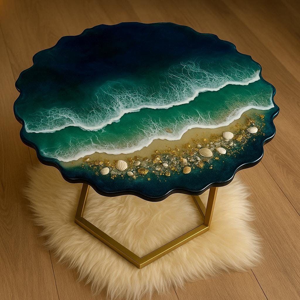 CUSTOM ORDER Green Ocean Resin Geode Table – Handmade Epoxy Coffee Table with Shells, Waves & Gold – Unique Coastal Art Furniture