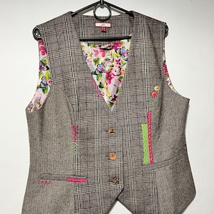 Vintage Women Waistcoat Joe Brown Boho,Patchwork Design,Embroidered Floral Plaid Vest,Wool Blend,Unique Handmade,Size M, Wool blend
