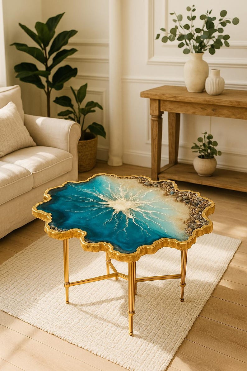 Ocean Resin Coffee Table With Gold Legs – Geode Shape Epoxy Table, Blue ...