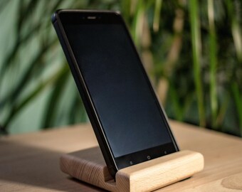 Supporto per telefono in legno fatto a mano – accessorio da scrivania minimalista, supporto per smartphone in legno naturale