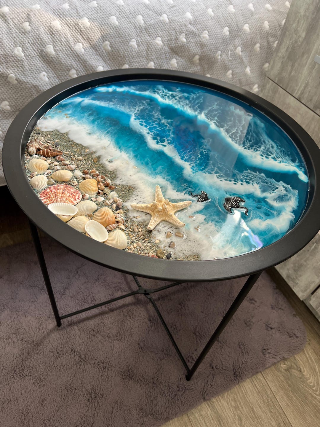 Epoxy Shell Designs Round Epoxy Resin Ocean Table With Real Shells Sand, Coastal Coffee ...