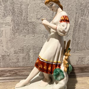 12ʼʼVintage Porcelain Figurine – Girl Holding a Flower,Hand-Painted Collectible Russian GZHEL lady flower folk art dress figurine fairy tale