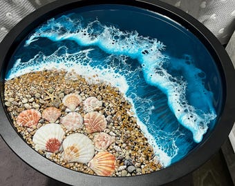 Resin Ocean Side Table with Real Shells – Round Beach Decor Table