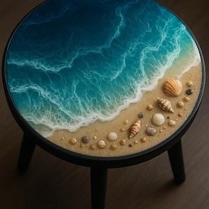 Puede incluir: Una mesa redonda con patas negras y una tapa de resina azul que representa una escena oceánica. La tapa presenta un océano azul con olas blancas que rompen en una playa de arena con conchas.