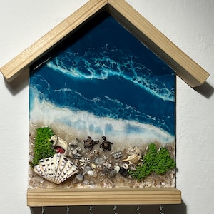 Ocean Resin Key Holder | Beach House Wall Decor | Coastal Key Rack with Sea Shells, Turtles & Epoxy Waves | Nautical Entryway Organizer