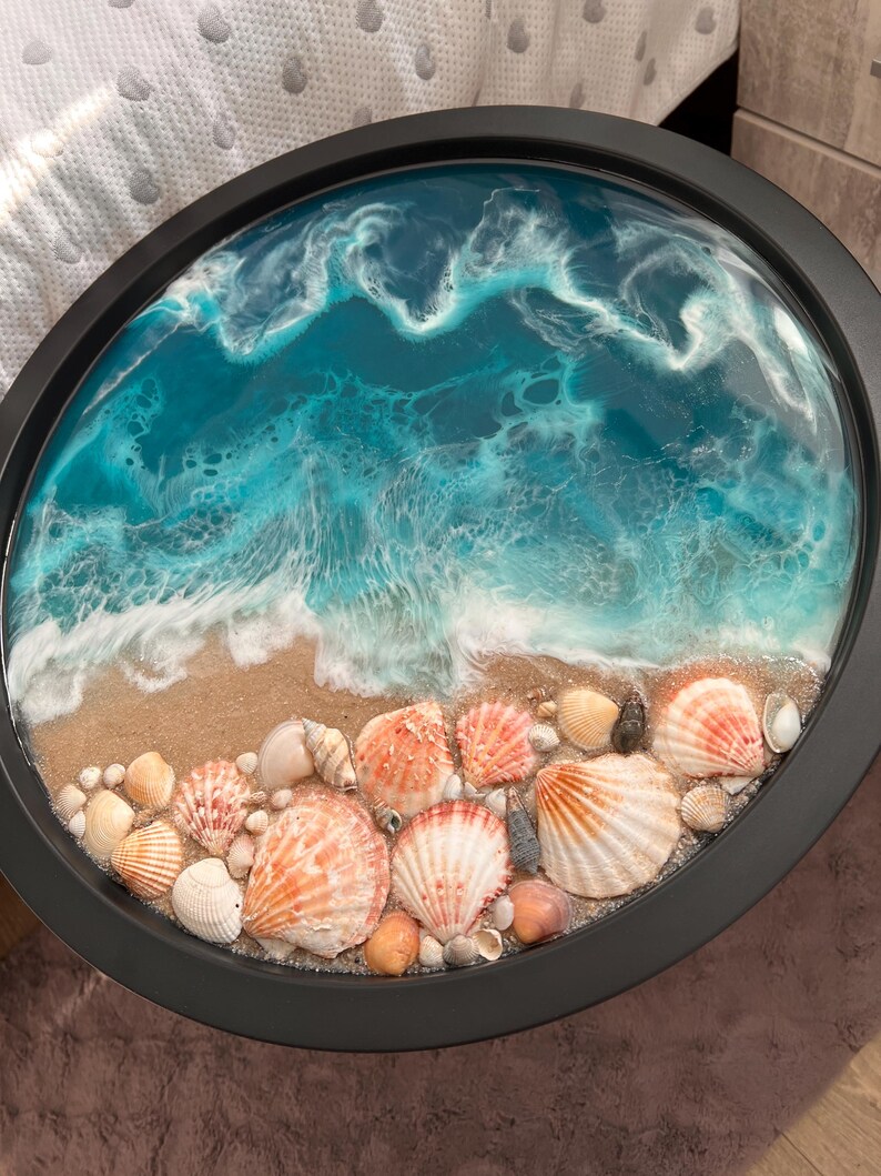 Handmade Ocean Beach Epoxy Resin Coastal Coffee Table With Real Shells ...