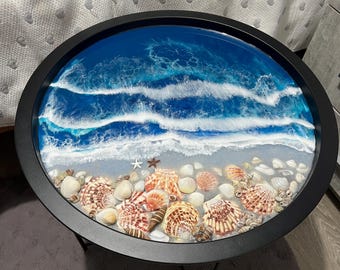 Handmade Ocean Beach Epoxy Resin Coastal Coffee Table with real Shells 3D Round Black Frame Design Realistic shoreline effect,real sand and