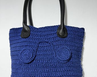 Eco-friendly Handcrafted Blue Crochet Tote Bag with Leather Handles Unique Women’s Handbag Gift for her Purce Boho Bag Casual Bag Elegance