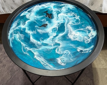 Ocean-Inspired Epoxy Resin Coffee Table with 3D Sharks – 47cm Round Black Frame