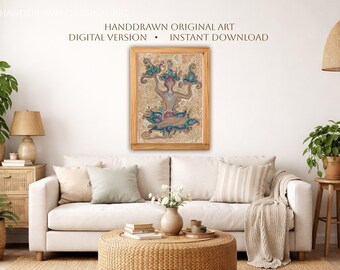 Blue Silver Lotus Woman Printable Wall Art, Earth Goddess Spiritual Download