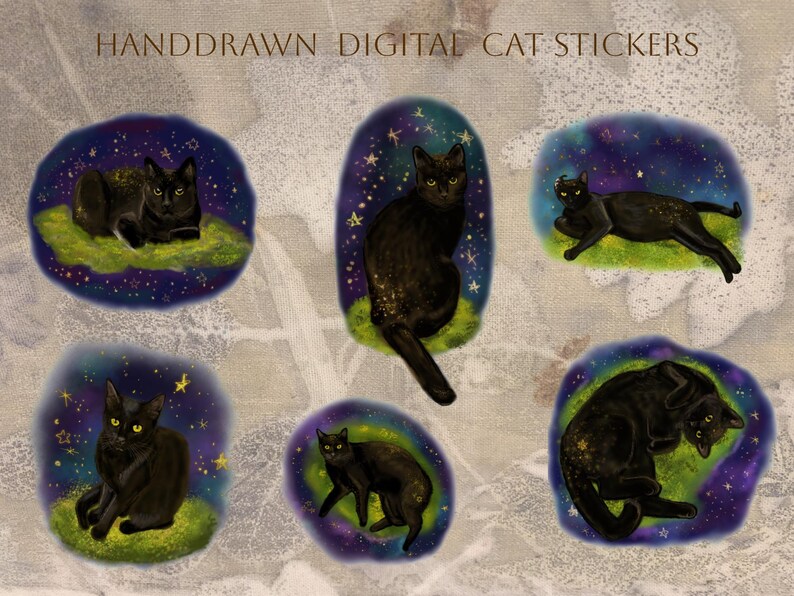 Starry Night Cat Digital Sticker Pack, Sticker Sheet Printable, Cosmic ...