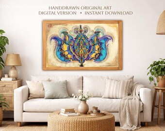 Blue Yellow  Lotus Printable Wall Art, Spiritual Lotus Flower Digital Download