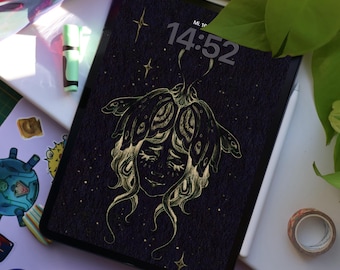 Smartphone/tablet wallpaper hand-drawn illustration: female moth in pink and dark blue