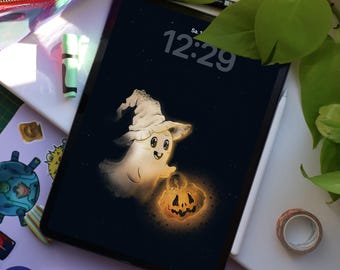Background image: small Halloween ghost with pumpkin lantern
