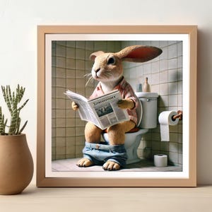 Rabbit Reading Newspaper in Toilet, Funny Rabbit Bathroom Poster, Wall Art for Bathroom Decor, Animal Artwork, Funny Bathroom Print