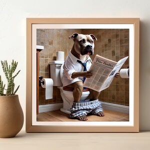Pitbull Reading Newspaper in Toilet, Funny Dog Bathroom Poster, Wall Art for Bathroom Decor, Animal Artwork, Funny Bathroom Print
