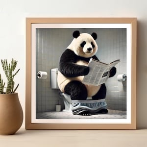 Panda Reading Newspaper in Toilet, Funny Panda Bathroom Poster, Wall Art for Bathroom Decor, Animal Artwork, Funny Bathroom Print