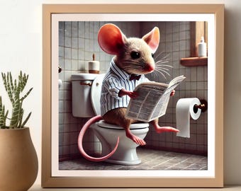 Mouse Reading Newspaper in Toilet, Funny Mouse Bathroom Poster, Wall Art for Bathroom Decor, Humor Animal Artwork, Funny Bathroom Print