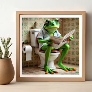 Rana leyendo el periódico en el baño, póster divertido de rana para el baño, arte de pared para la decoración del baño, obra de arte de animales, impresión divertida para el baño
