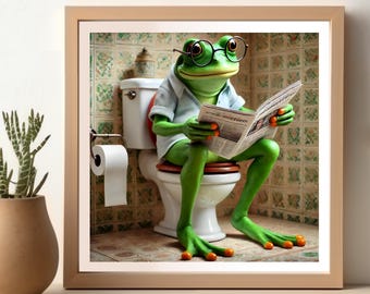 Frog Reading Newspaper in Toilet, Funny Frog Bathroom Poster, Wall Art for Bathroom Decor, Animal Artwork, Funny Bathroom Print