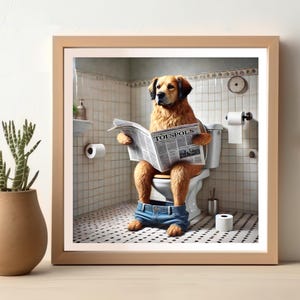 Golden Retriever Reading Newspaper in Toilet, Funny Dog Bathroom Poster, Wall Art for Bathroom Decor, Animal Artwork, Funny Bathroom Print