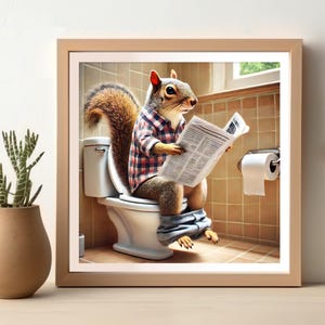 May include: A squirrel wearing a plaid shirt and blue jeans sits on a white toilet in a bathroom, reading a newspaper. The bathroom has tiled walls and a white toilet paper holder with a roll of toilet paper.